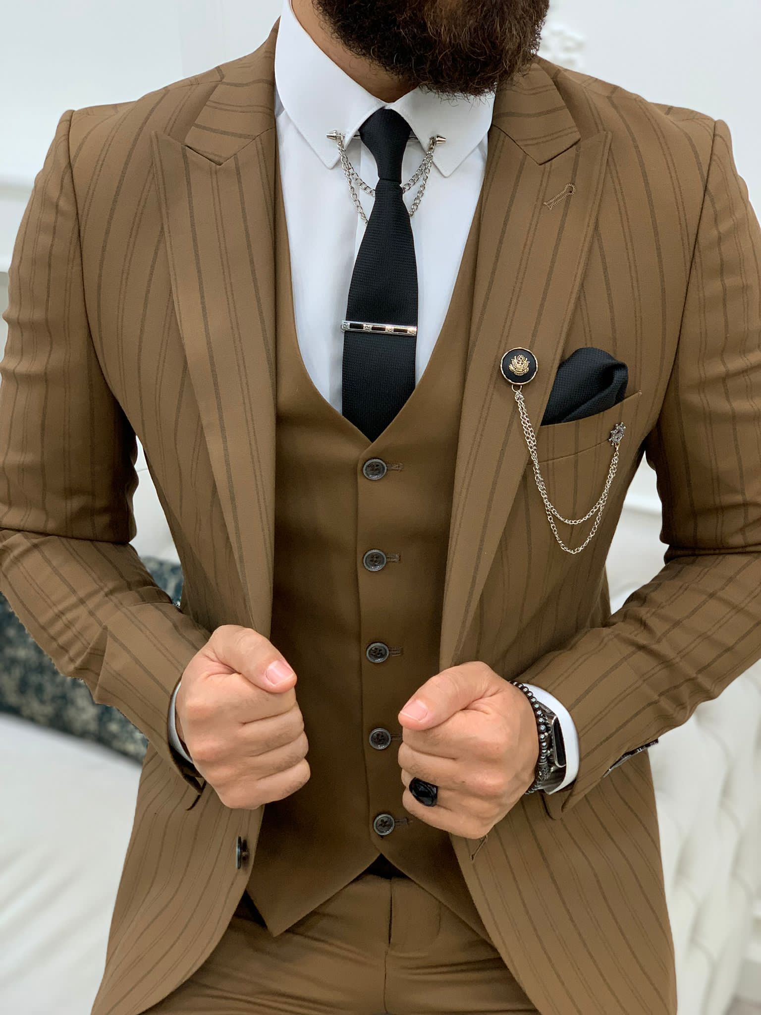 Lambrusco Brown Slim Fit Peak Lapel Striped Suit-baagr.myshopify.com-1-BOJONI