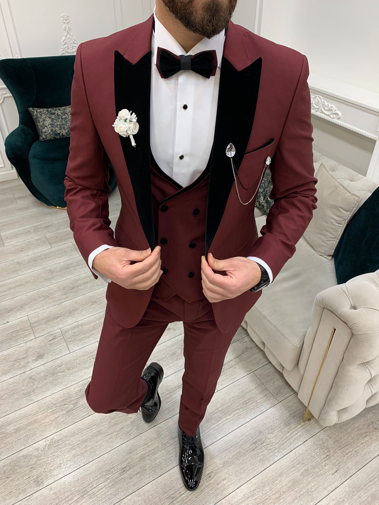 Bojoni Tishko Burgundy Velvet  Slim Fit Tuxedo