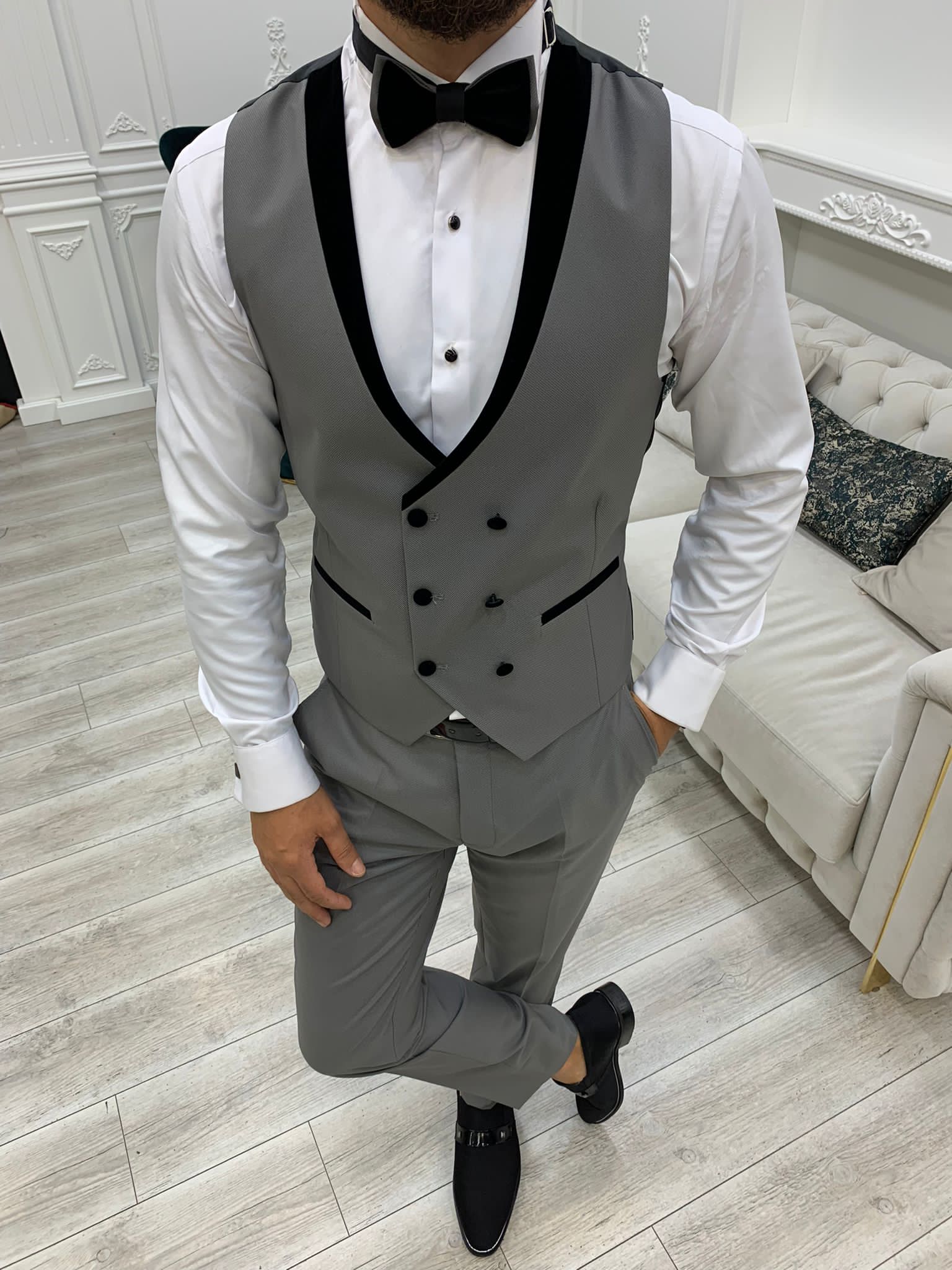 Rocca Gray Slim Fit Velvet Peak Lapel Tuxedo-baagr.myshopify.com-1-BOJONI