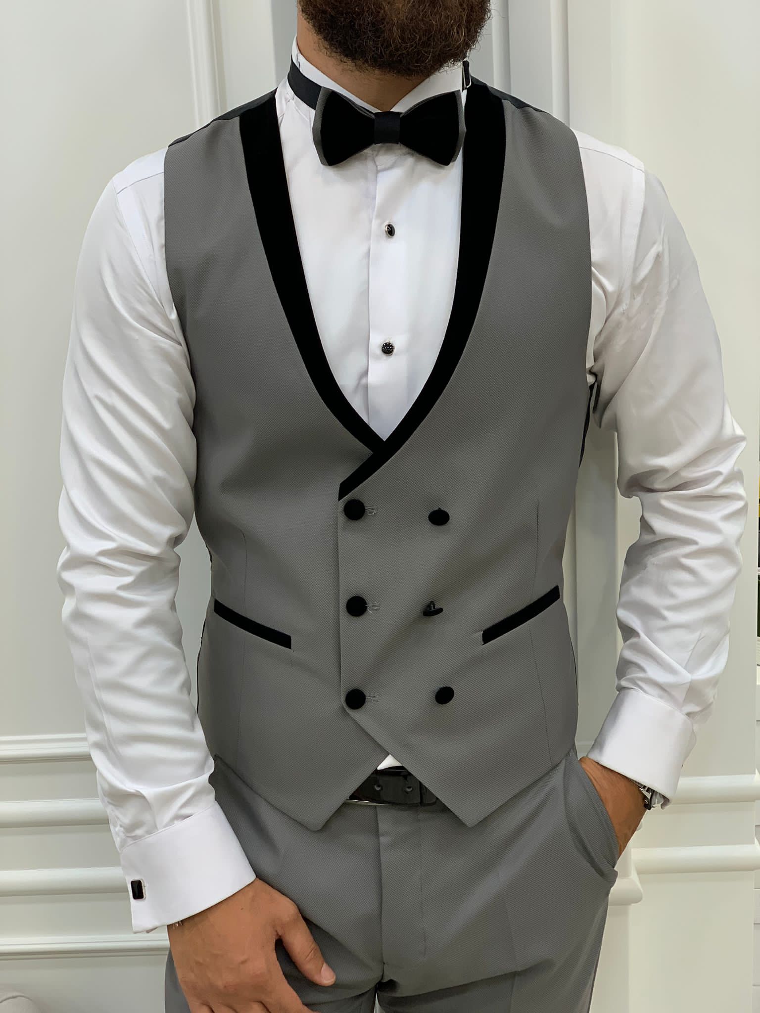 Rocca Gray Slim Fit Velvet Peak Lapel Tuxedo-baagr.myshopify.com-1-BOJONI