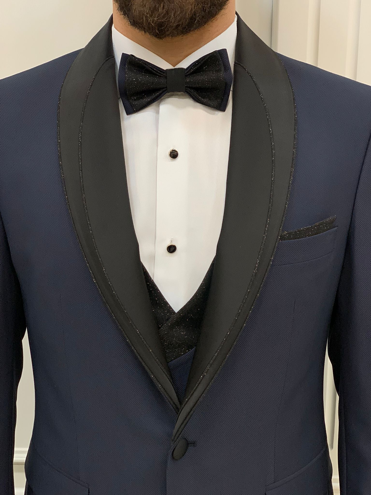 Bojoni Tishko Navy Diamond Shawl Collar Slim Fit Tuxedo