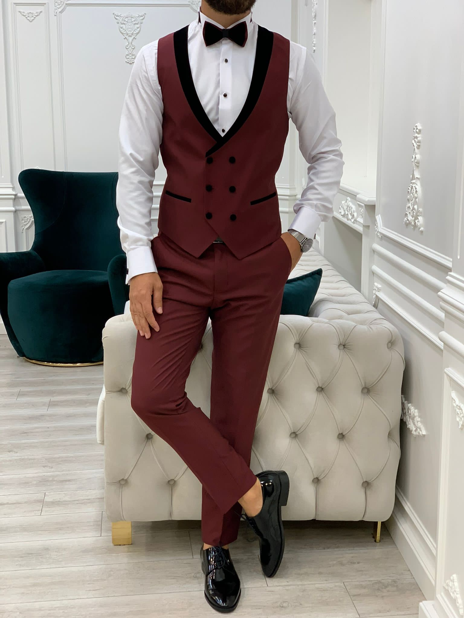 Fettachi Burgundy Slim Fit  Velvet Shawl Lapel Tuxedo-baagr.myshopify.com-1-BOJONI