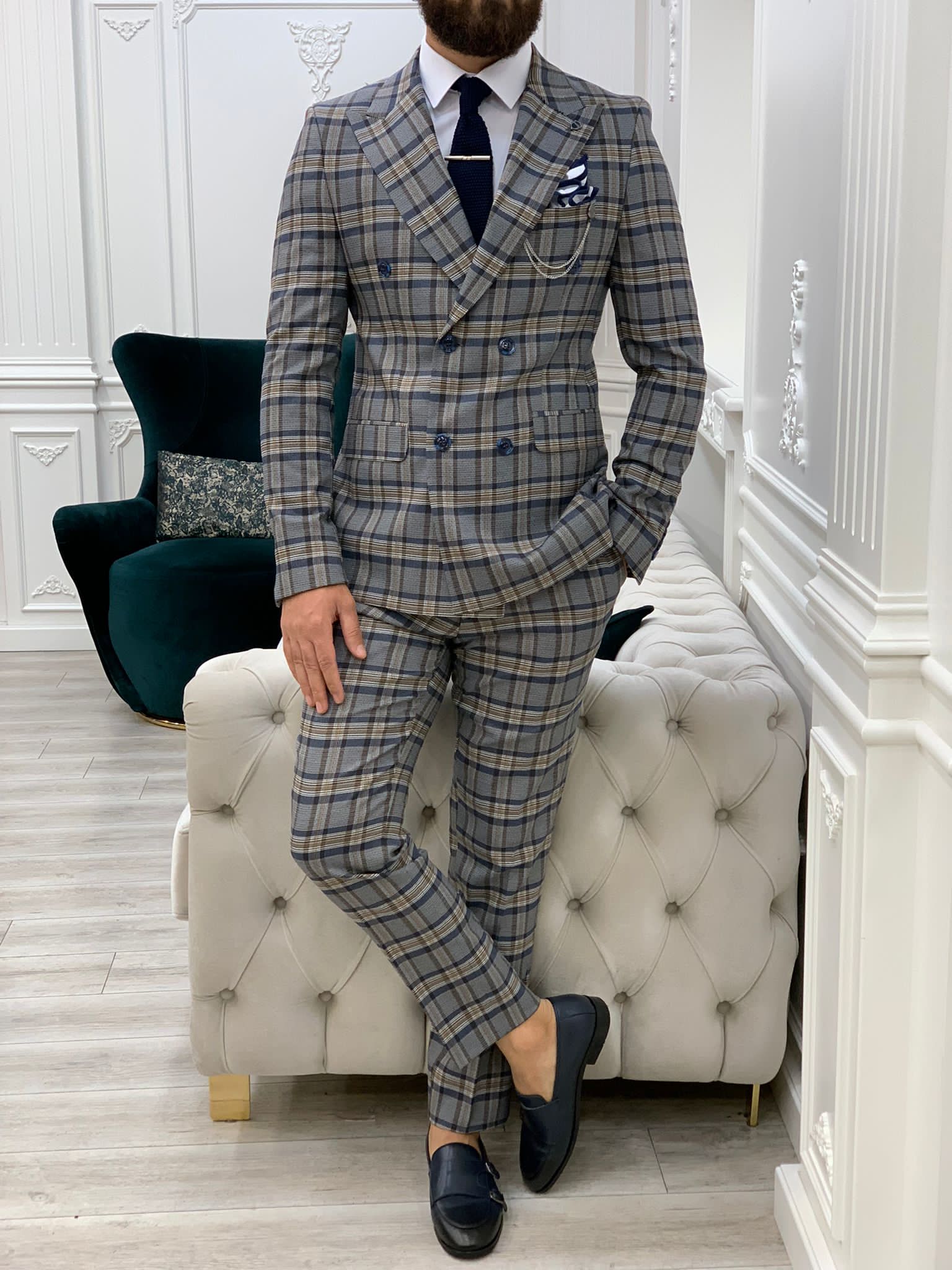Vince Navy Blue Slim Fit Double Breasted Plaid Suit-baagr.myshopify.com-1-BOJONI