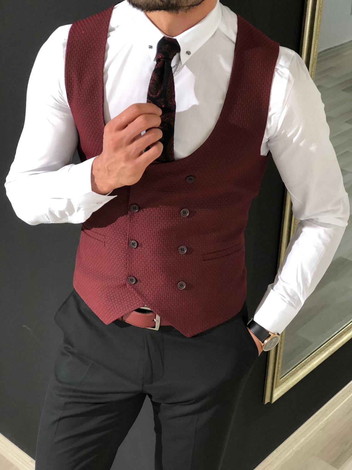 Slim-Fit Double  Breasted Vest Claretred-baagr.myshopify.com-suit-BOJONI