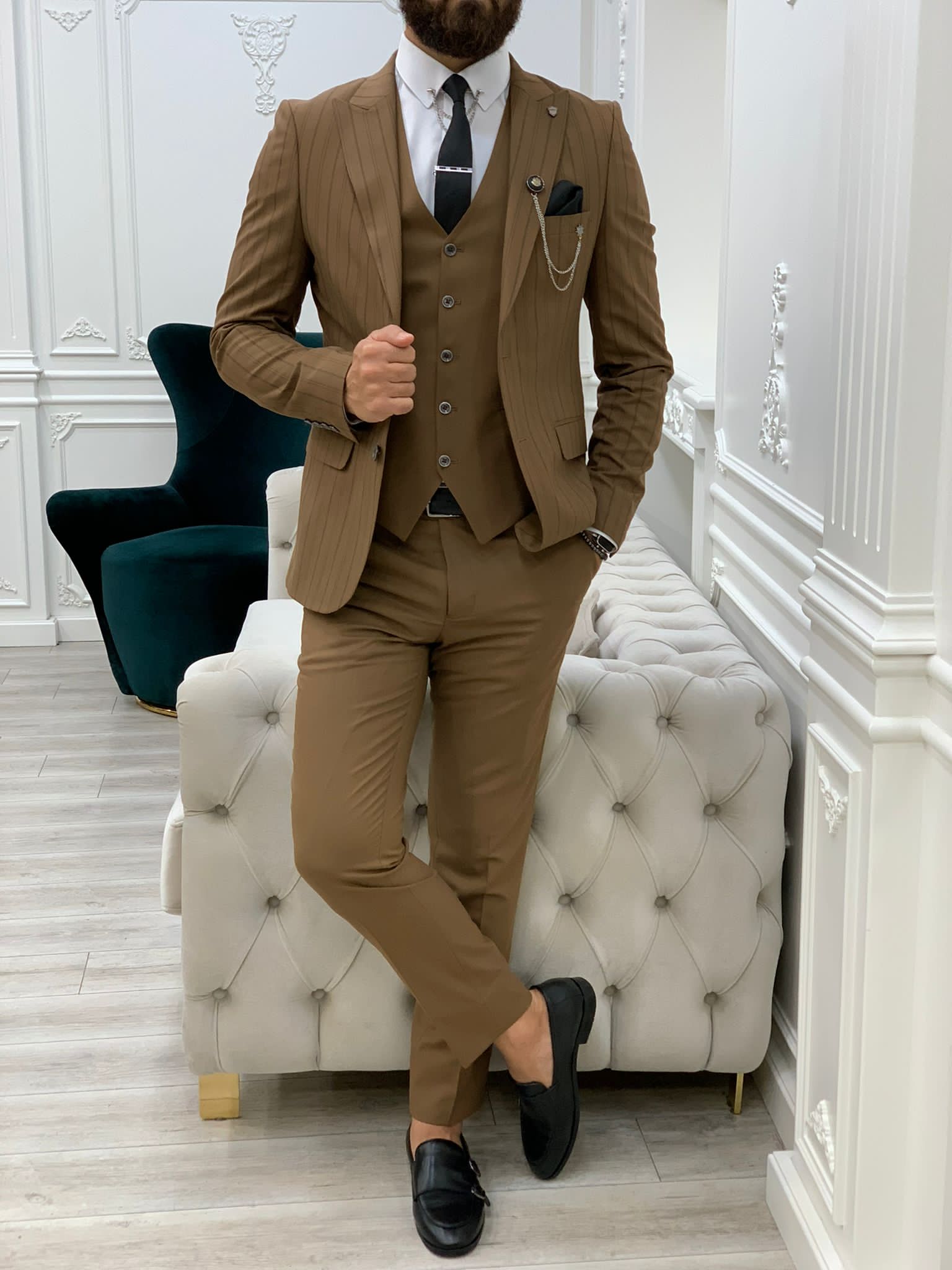 Lambrusco Brown Slim Fit Peak Lapel Striped Suit-baagr.myshopify.com-1-BOJONI