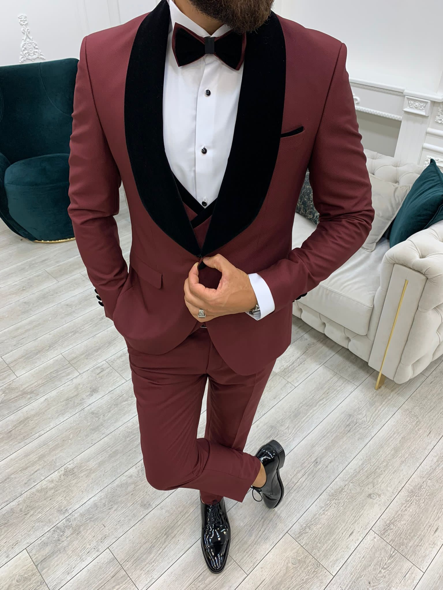 Fettachi Burgundy Slim Fit  Velvet Shawl Lapel Tuxedo-baagr.myshopify.com-1-BOJONI