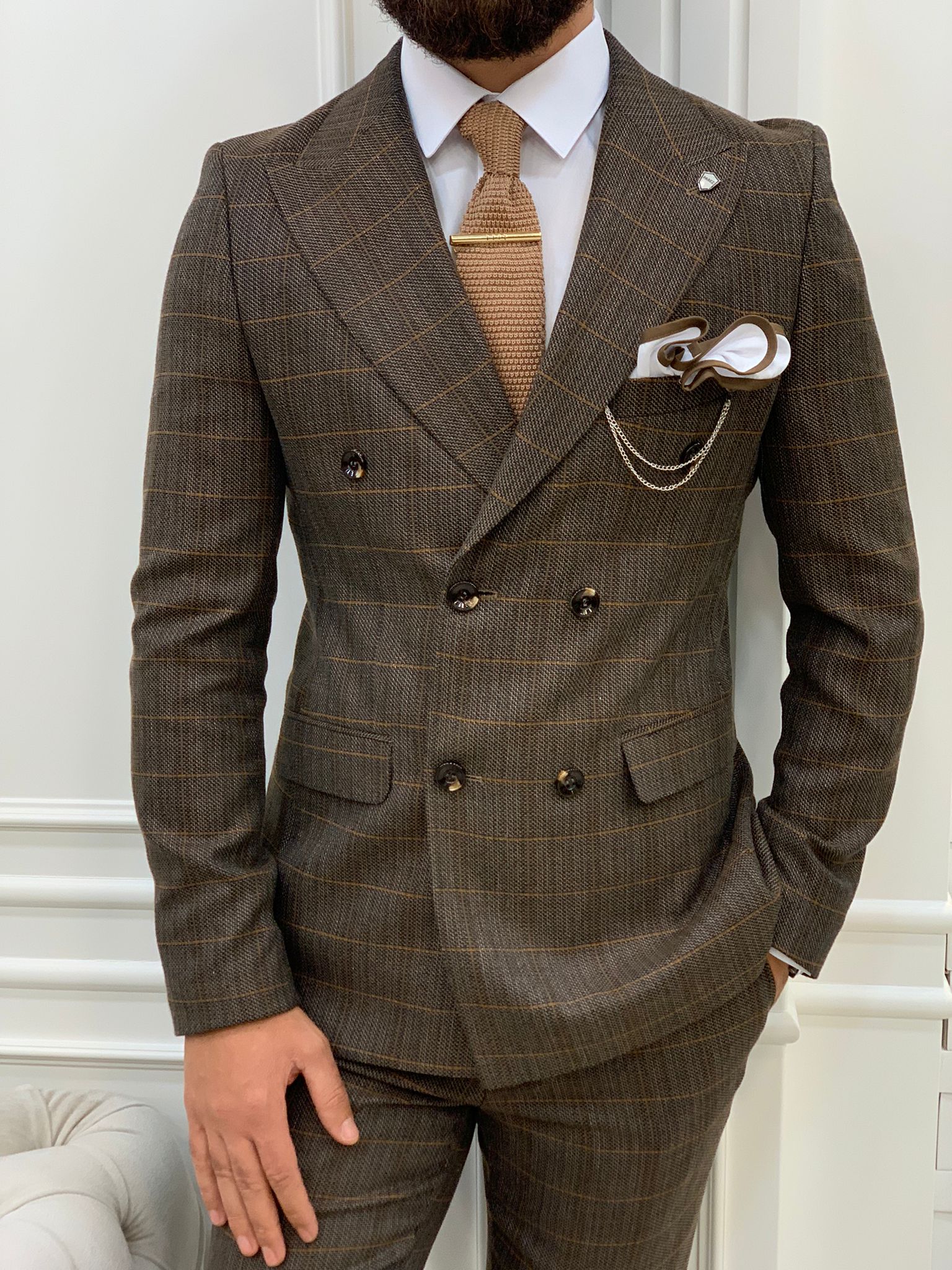 Rosario Brown Slim Fit Double Breasted Plaid Suit-baagr.myshopify.com-1-BOJONI