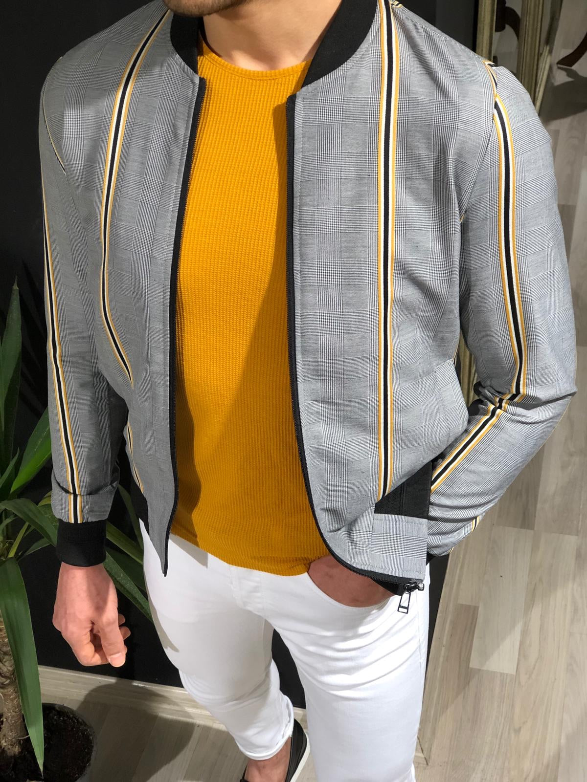 Faha Slim-Fit Colored Striped Jacket in Yellow-baagr.myshopify.com-Jacket-BOJONI