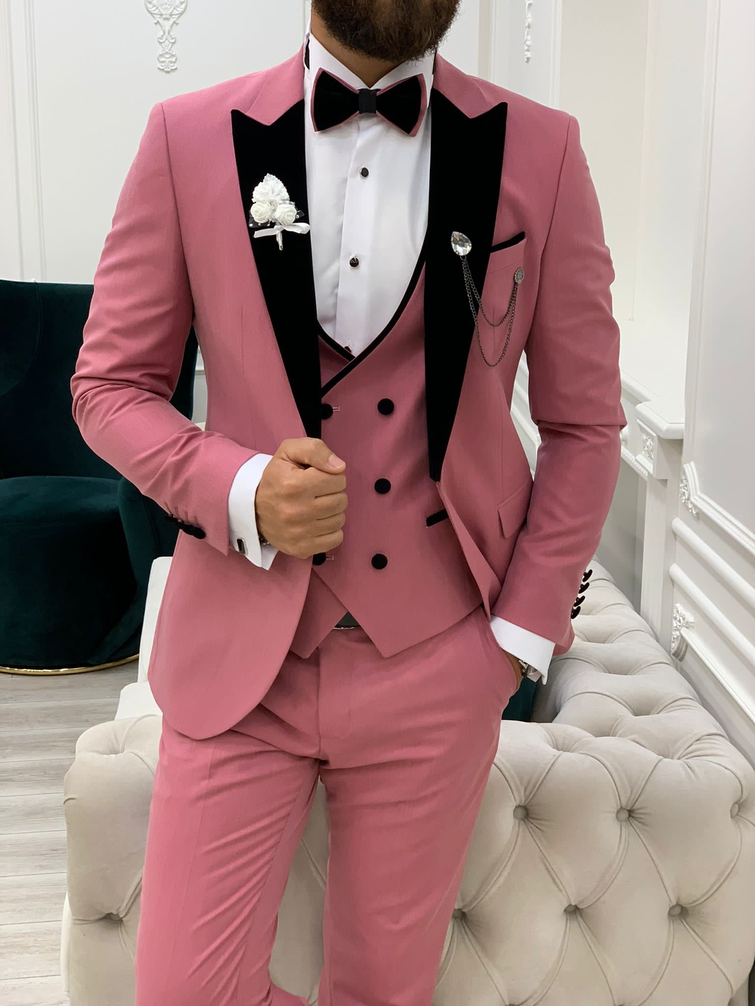 Fettachi Pink Slim Fit Velvet Peak Lapel Tuxedo-baagr.myshopify.com-1-BOJONI