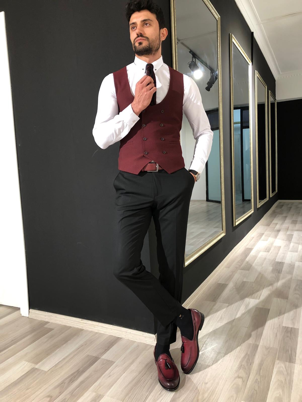 Slim-Fit Double  Breasted Vest Claretred-baagr.myshopify.com-suit-BOJONI