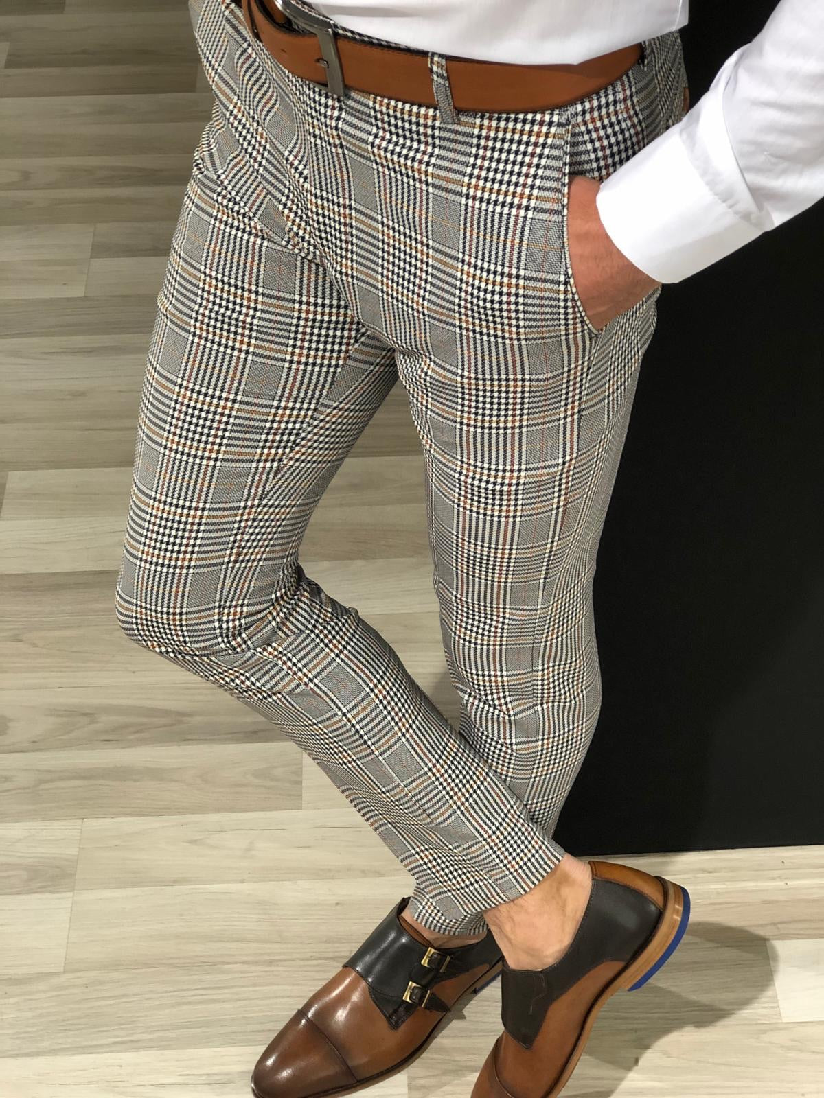 Ferra Slim Fit Plaid Pants in Orange-baagr.myshopify.com-Pants-BOJONI