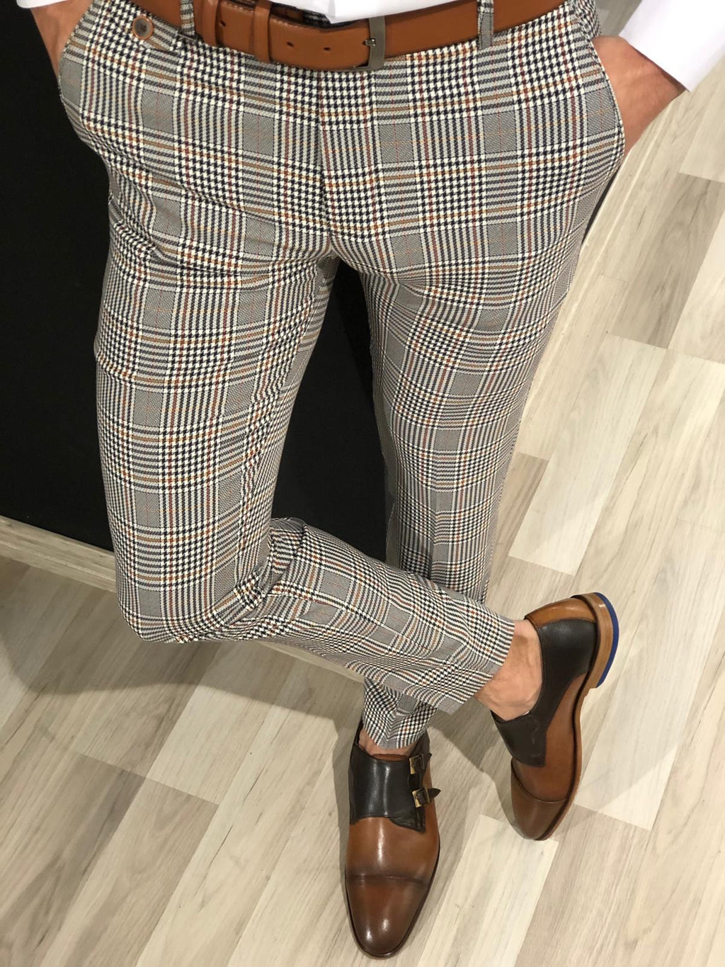 Ferra Slim Fit Plaid Pants in Orange-baagr.myshopify.com-Pants-BOJONI