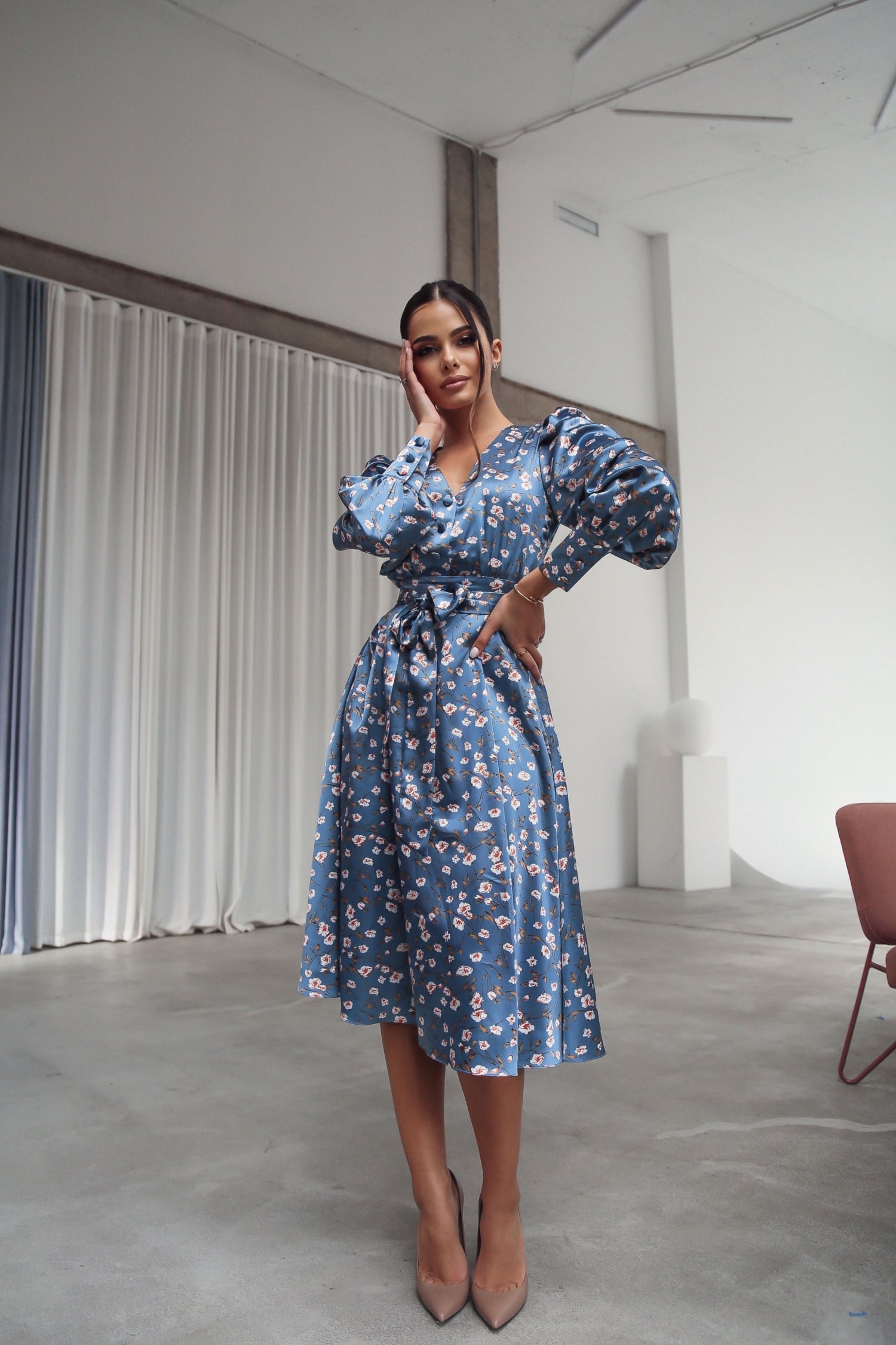 Puff Sleeve Midi Dress Blue-baagr.myshopify.com-dress.-BOJONI