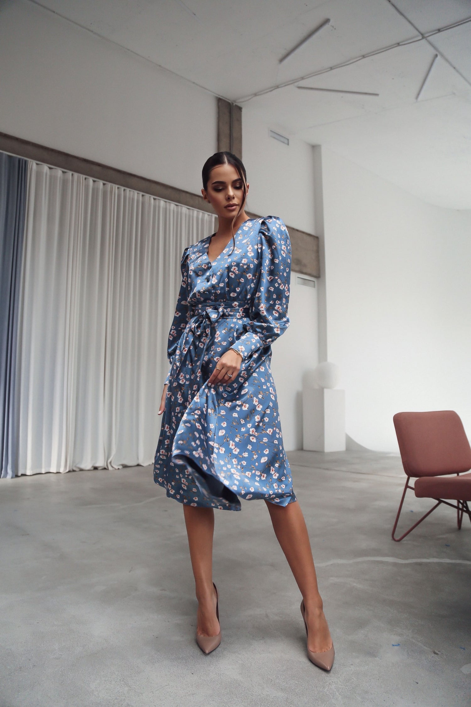 Puff Sleeve Midi Dress Blue-baagr.myshopify.com-dress.-BOJONI