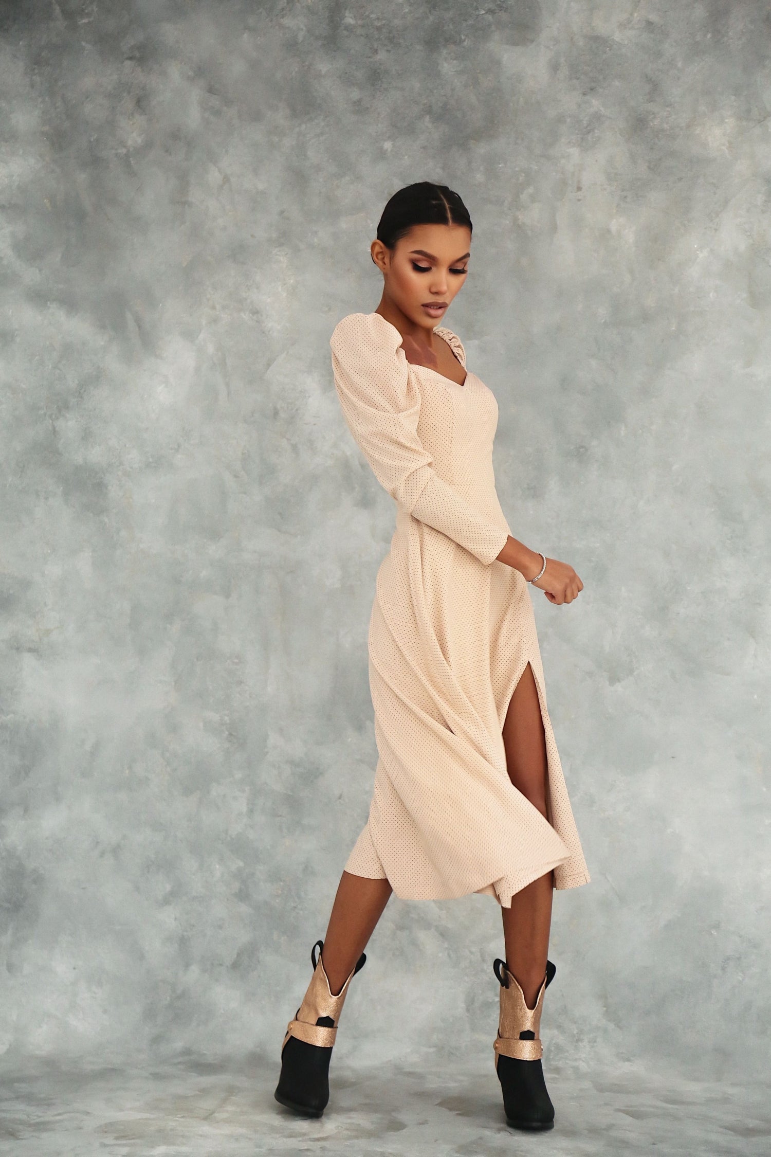 Polka Dot Midi Dress with Lantern Sleeves and Slit-baagr.myshopify.com-dress.-BOJONI