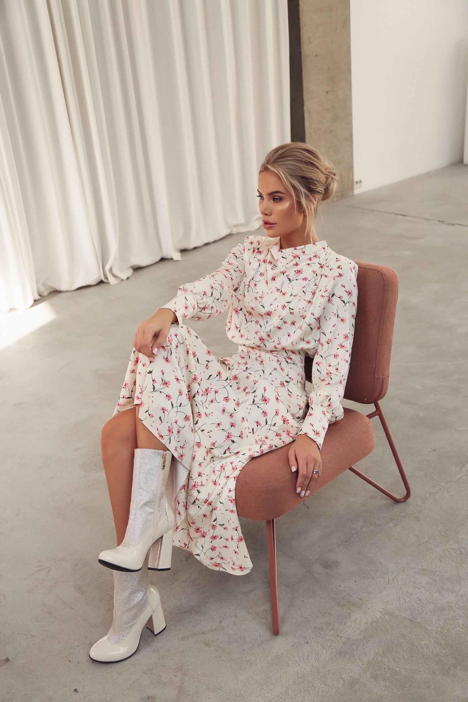 Midi Dress with Shoulder Pads White-baagr.myshopify.com-dress.-BOJONI