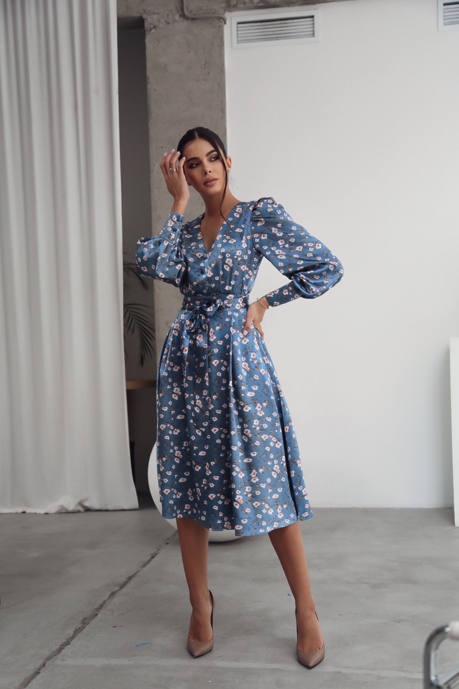 Puff Sleeve Midi Dress Blue-baagr.myshopify.com-dress.-BOJONI