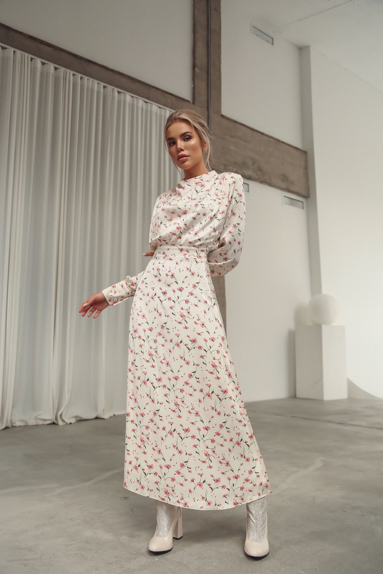 Midi Dress with Shoulder Pads White-baagr.myshopify.com-dress.-BOJONI