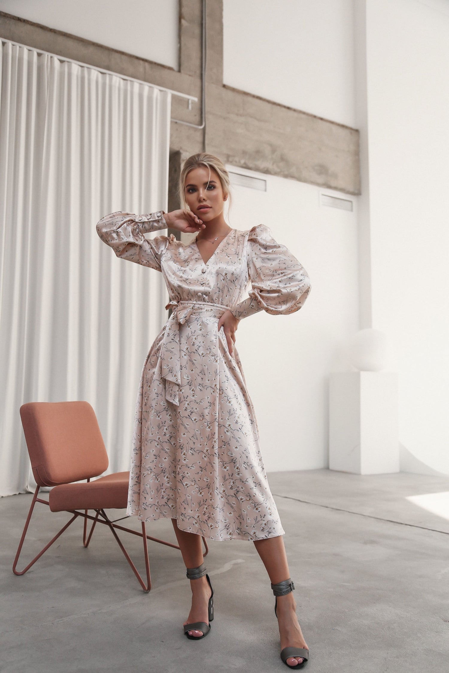 Puff Sleeve Midi Dress Pink-baagr.myshopify.com-dress.-BOJONI