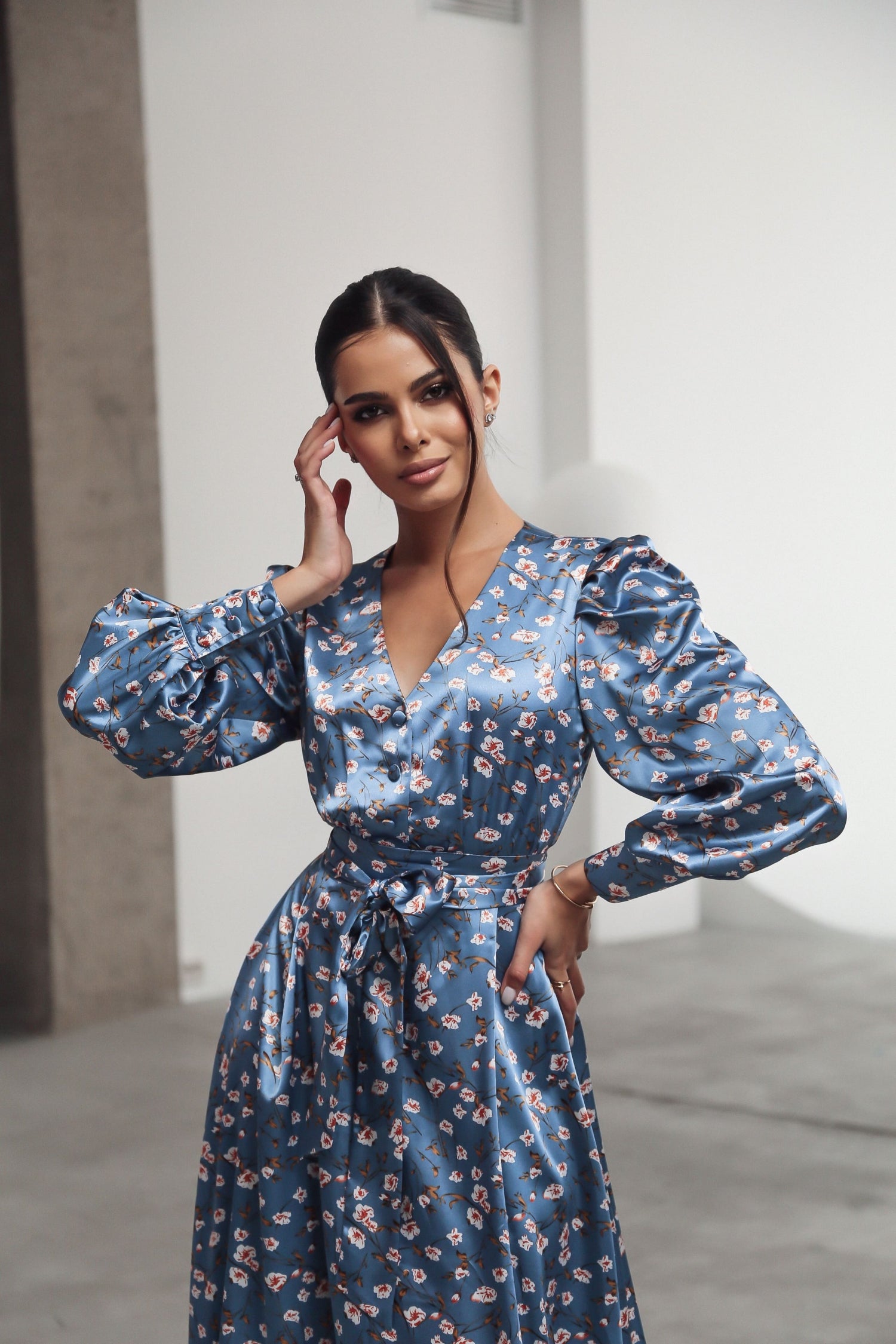 Puff Sleeve Midi Dress Blue-baagr.myshopify.com-dress.-BOJONI